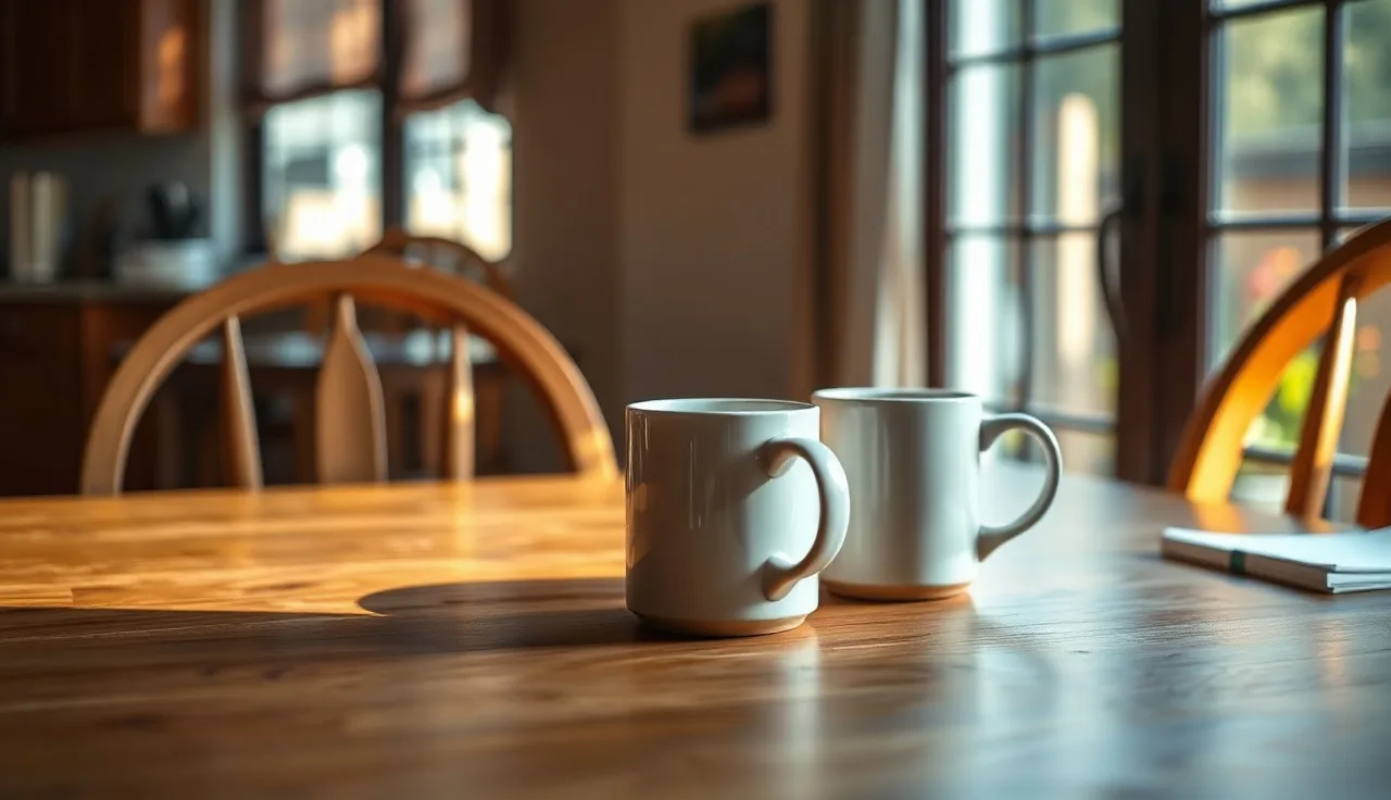 Two coffee mugs on a kitchen table during a quiet Cobb County morning