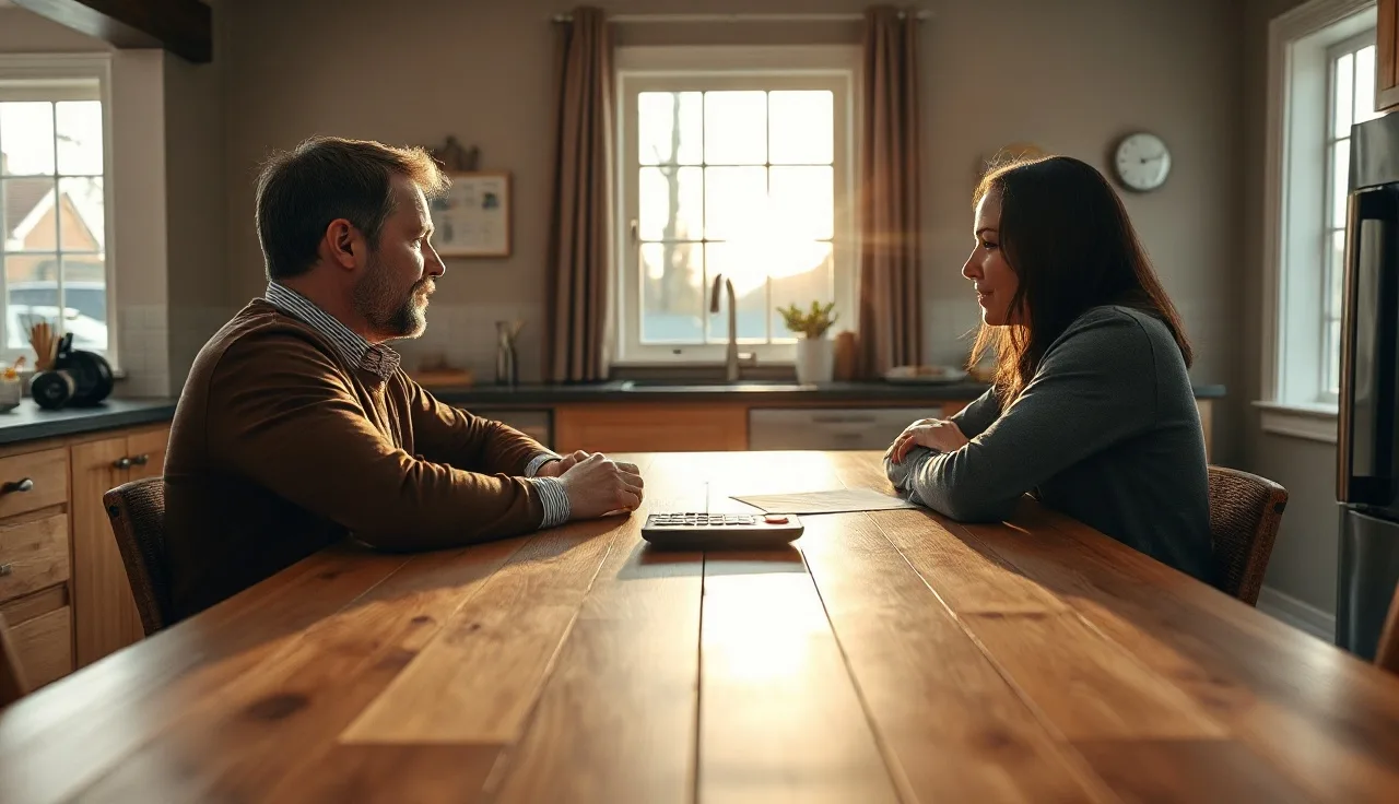 Two spouses reviewing financial documents and a calculator at a kitchen table during divorce proceedings