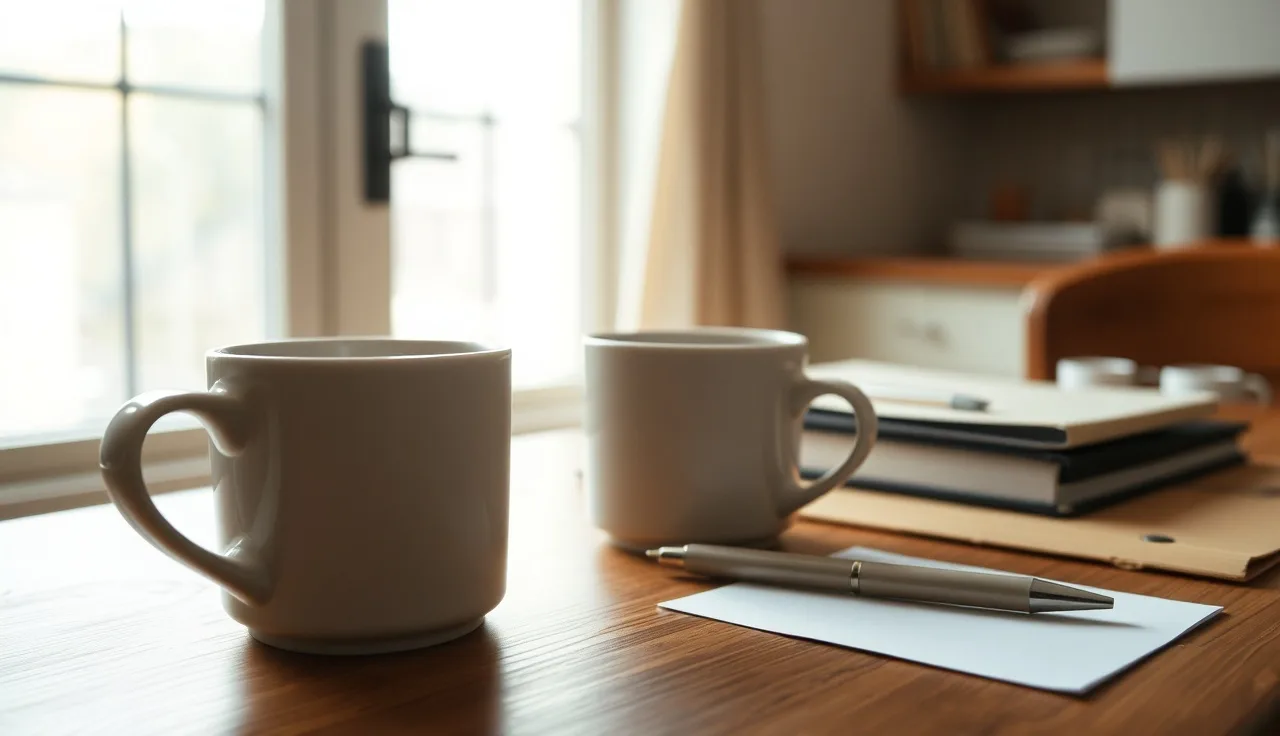 Empty coffee cups and a pen on a kitchen table suggesting a Colorado divorce discussion