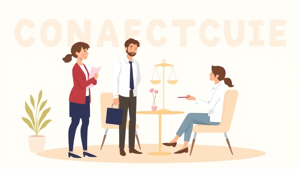 Illustration showing key concepts related to divorce mediation in connecticut: process, cost, and requirements