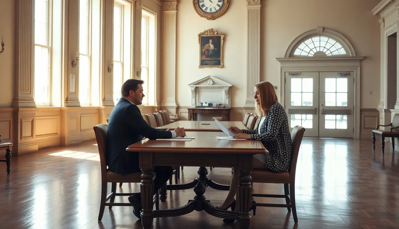 Two people reviewing divorce paperwork at a Connecticut courthouse table in morning light