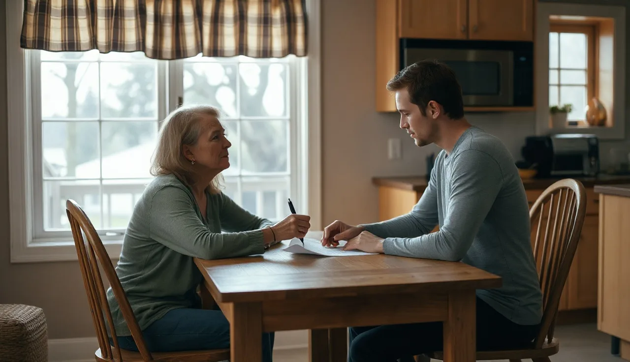 Two spouses at a kitchen table reviewing spousal support paperwork during Ohio divorce