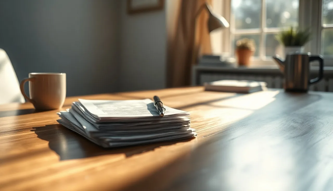 Empty wooden desk with pen and papers in quiet home office