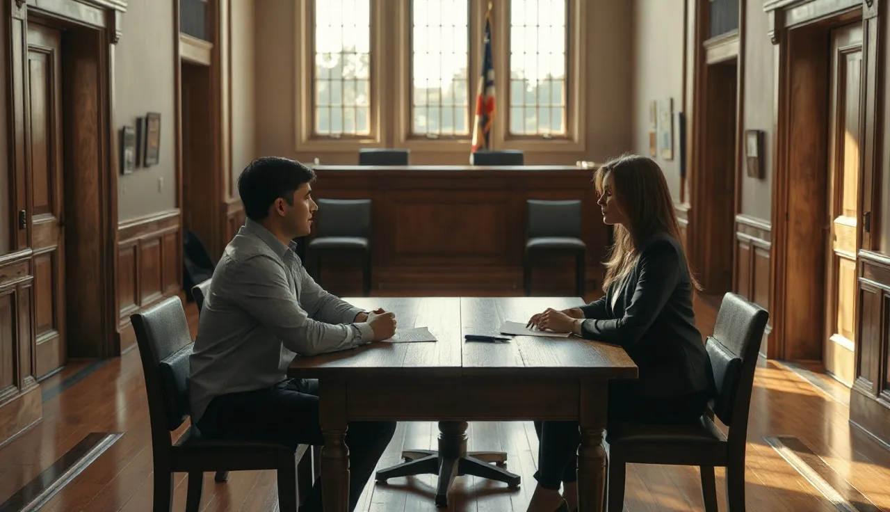 Two people at a courthouse table with papers during a Maryland divorce proceeding