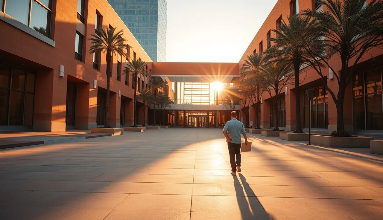 Phoenix courthouse plaza at sunset, person carrying documents walking toward entrance