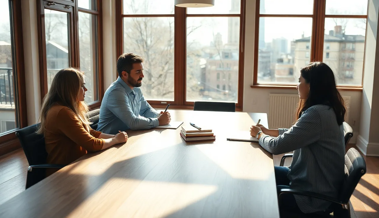 Two spouses and a mediator seated at a wooden table during divorce mediation