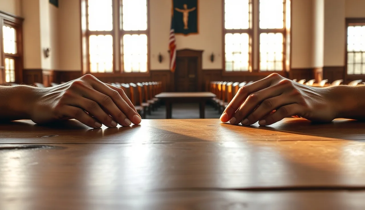 Two people seated at a wooden courthouse table in warm afternoon light, Alabama divorce context