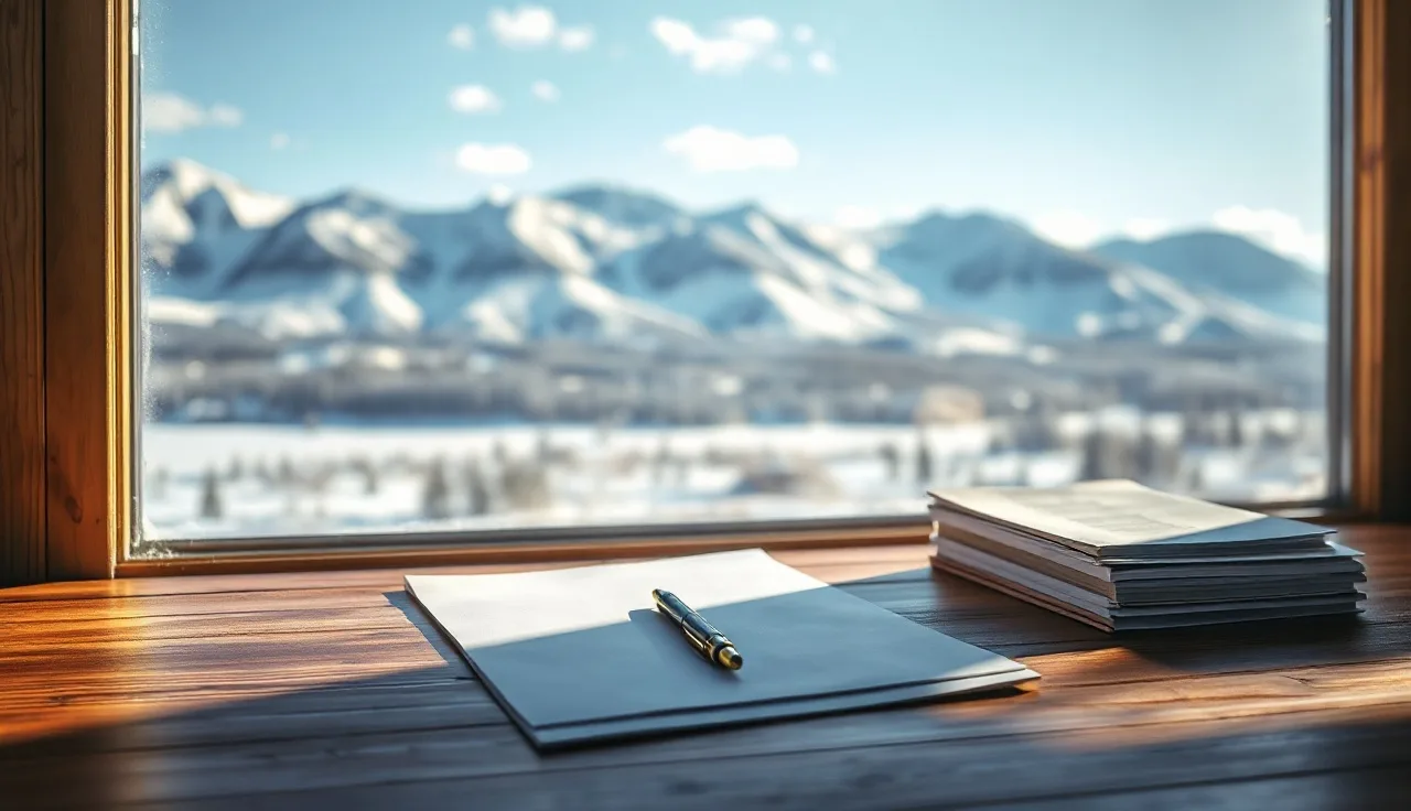 Desk with unsigned divorce papers near a window overlooking Alaskan mountains