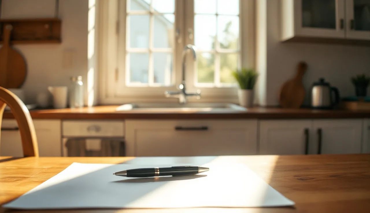 Pen resting on blank paper on a kitchen table, representing filing divorce papers