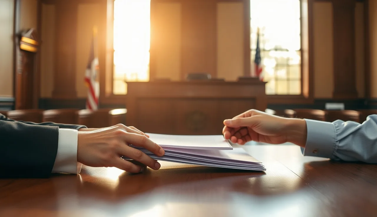 Two people exchanging official divorce documents across a wooden courthouse table