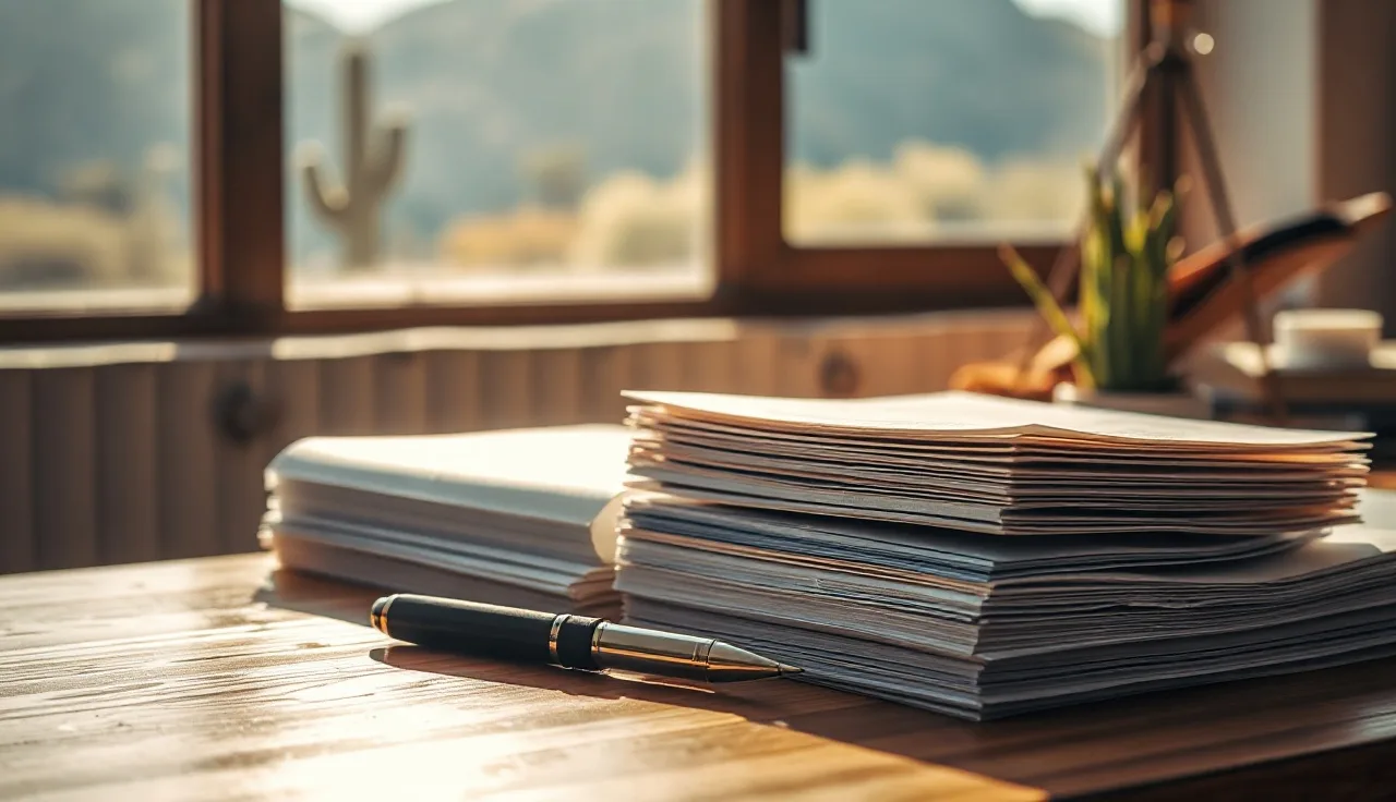 Unsigned divorce paperwork and pen on a wooden desk in Arizona afternoon light