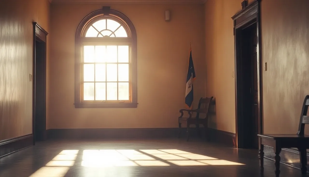 Empty wooden courthouse hallway bench with warm sunlight, California divorce setting