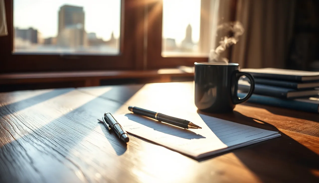 Unsigned divorce documents on a desk with Denver skyline in background
