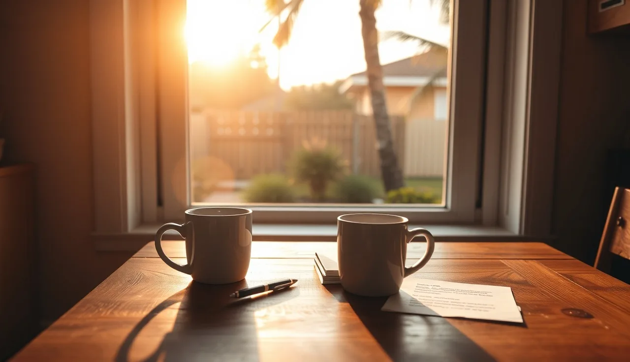 Kitchen table with coffee mugs and papers in a Florida home, divorce papers concept