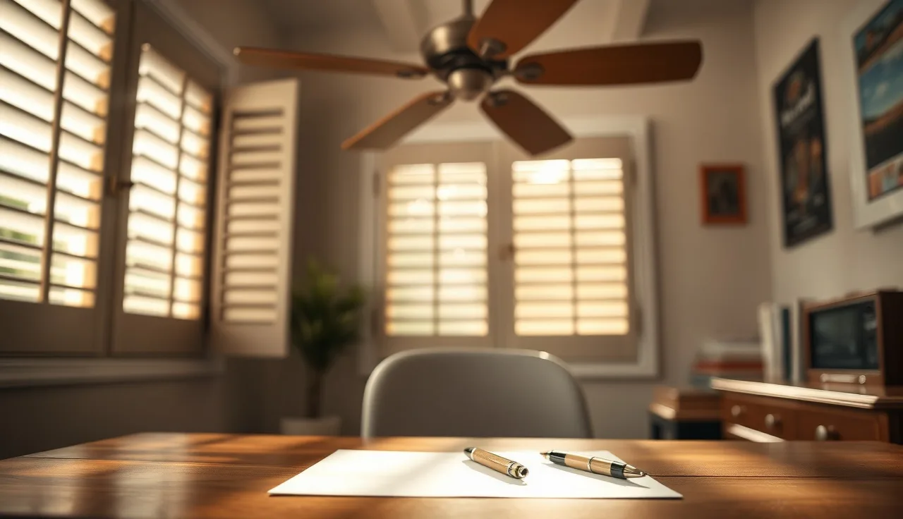 Wooden desk with pen and paper in a Honolulu home office, soft afternoon light