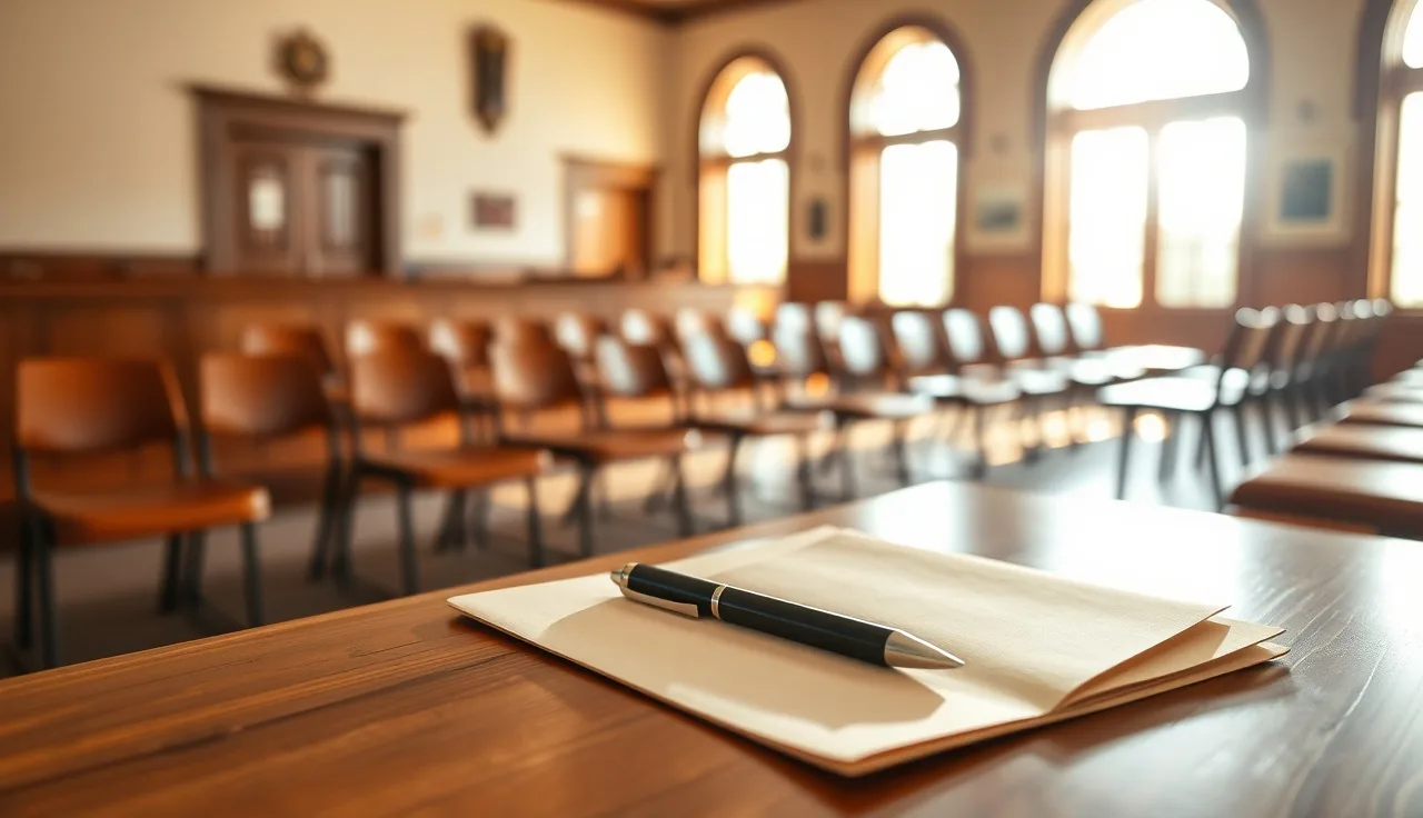 Sunlit courthouse waiting room desk with folder and pen, Idaho divorce filing
