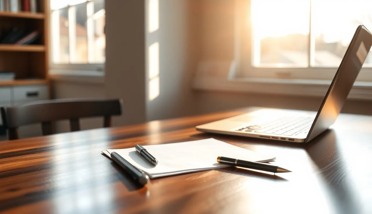 Quiet home office desk with papers and pens, representing Illinois divorce filing
