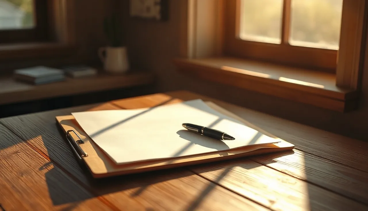 Open folder with blank papers on a wooden desk near a sunny window