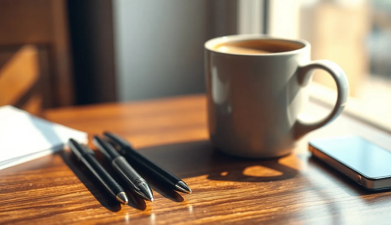 Two pens on a wooden table with morning light, representing Maryland divorce filing