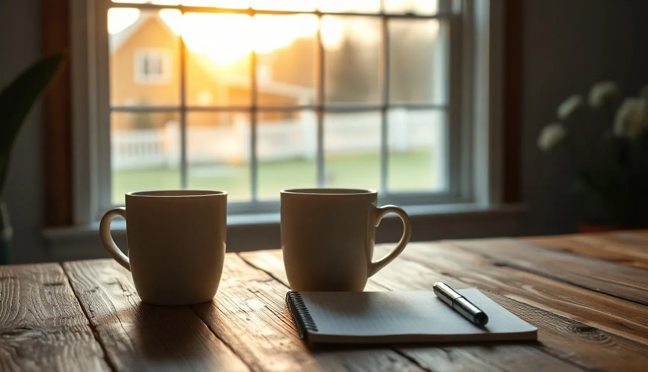 Two coffee mugs and a notepad on a wooden table, Tennessee divorce paperwork setting