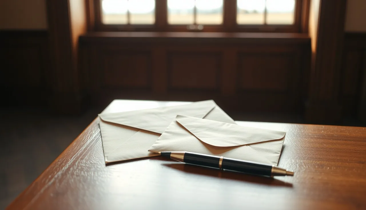 Divorce paperwork envelopes on a courthouse bench with Kansas plains in background