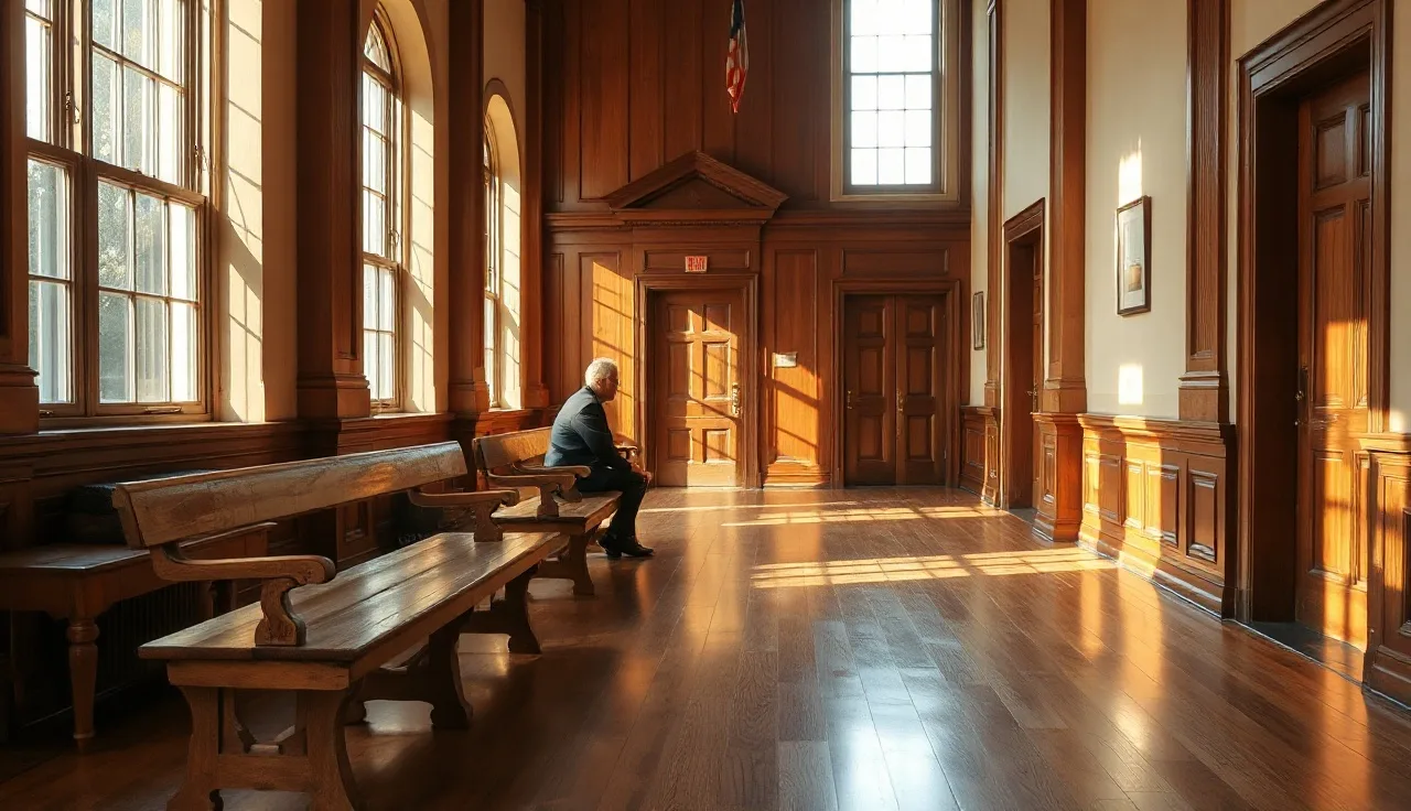 Empty courthouse hallway bench with afternoon light, Kentucky county court setting