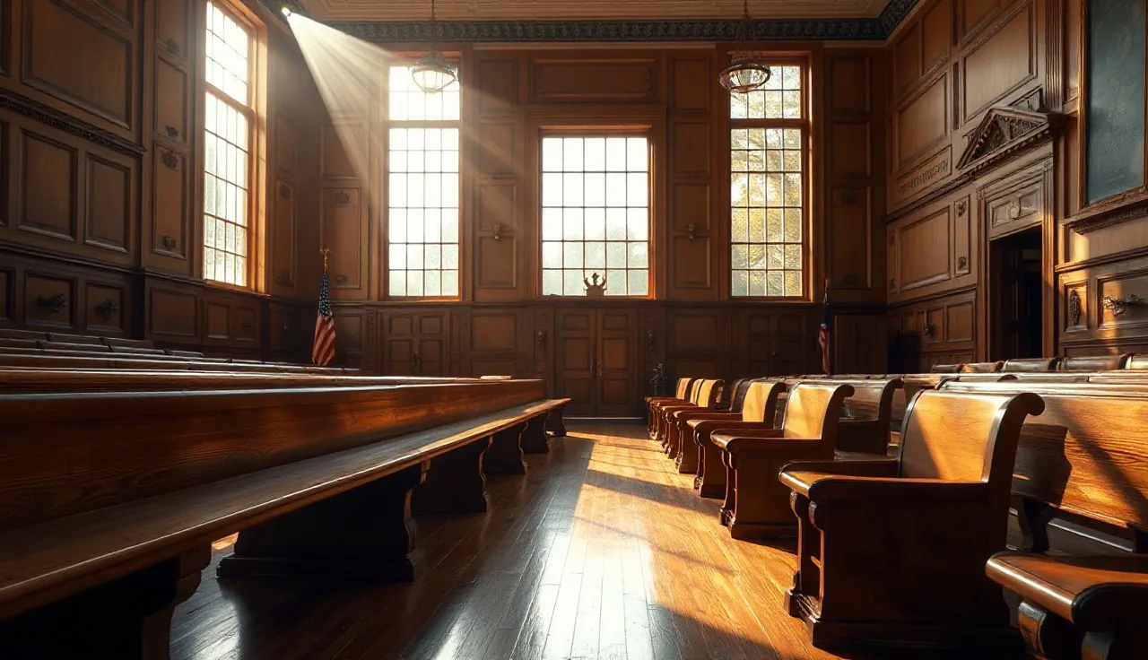 Empty sunlit Kentucky courtroom bench where divorce papers are filed