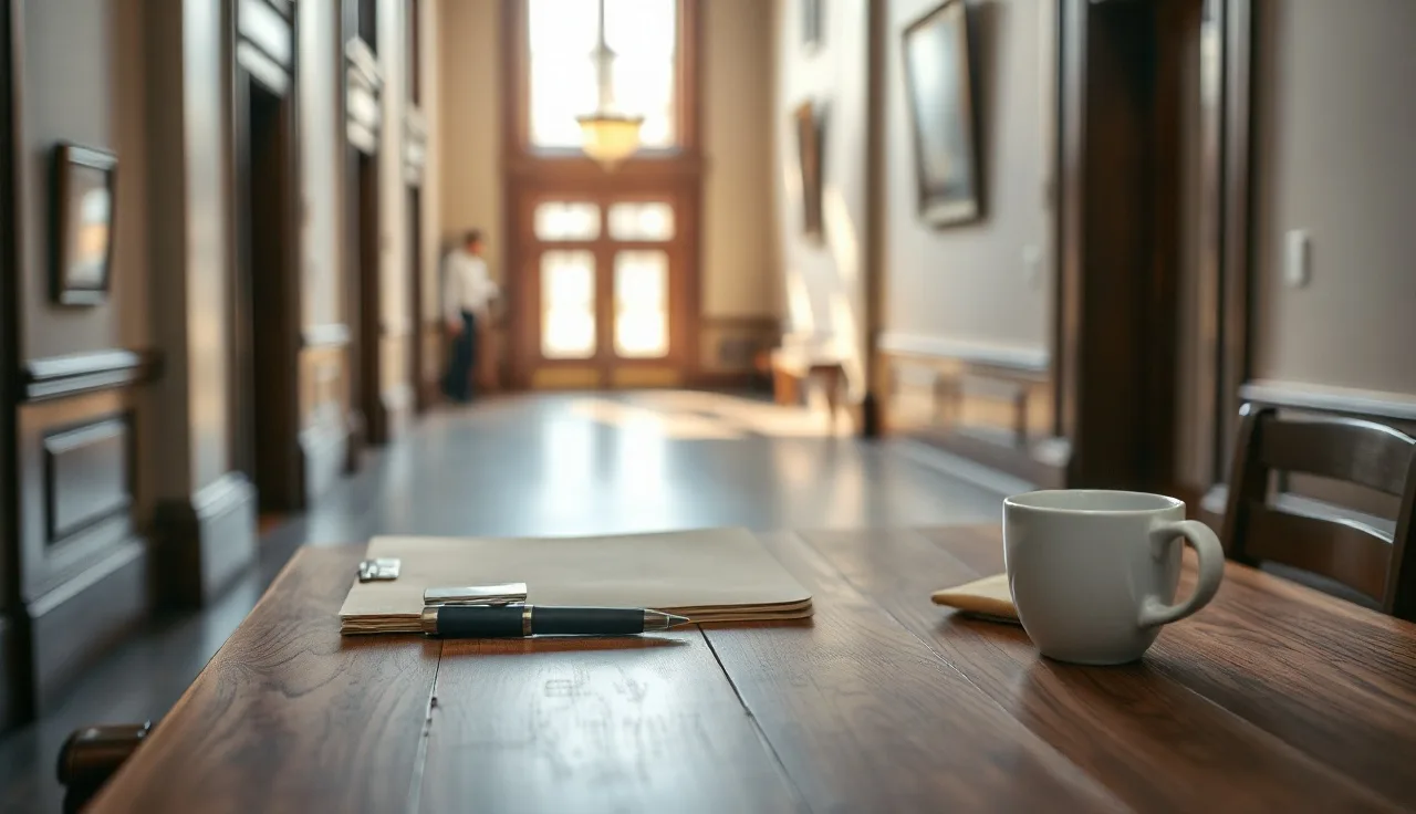 Pen and folder on a courthouse table, Massachusetts divorce papers filing
