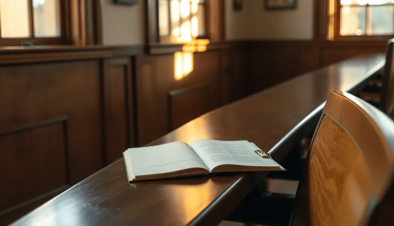 Empty courtroom bench with open folder of blank divorce papers in soft light