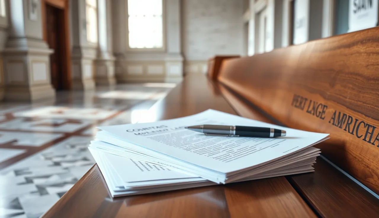 Legal documents and pen on a courthouse bench, Michigan divorce papers concept