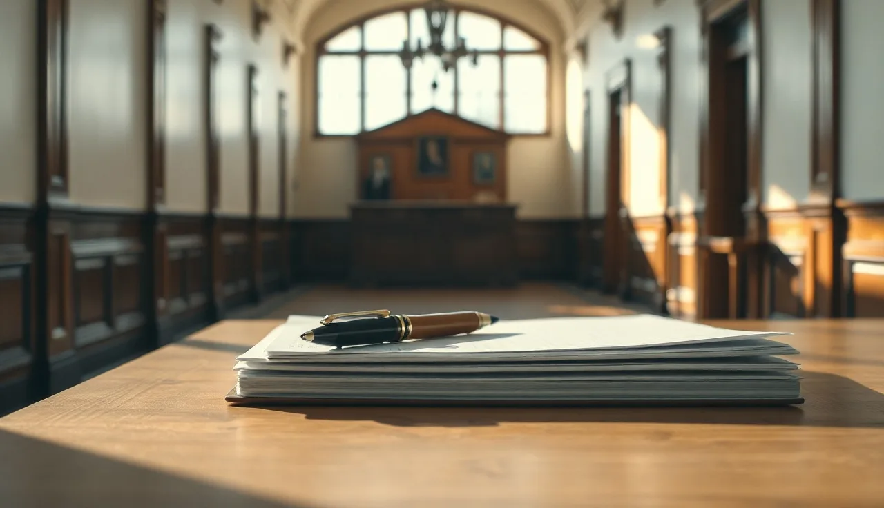 Blank legal documents and a pen on a wooden table inside a Mississippi courthouse