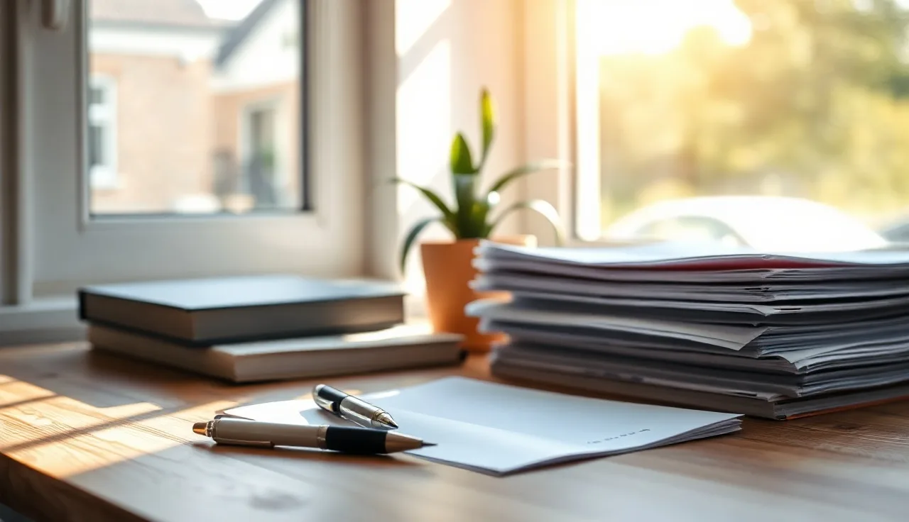 Sunlit home office desk with pens and stacked papers for Minnesota divorce filing