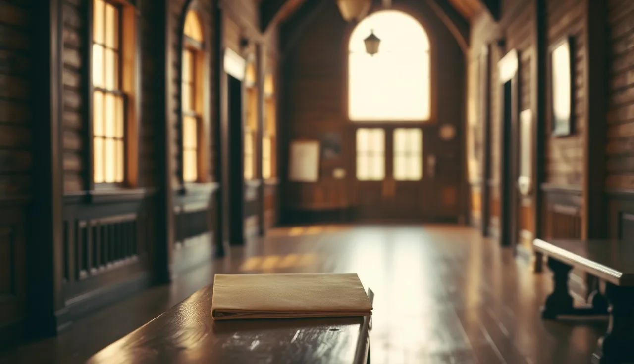 Empty courthouse hallway with natural light and a manila folder on a bench