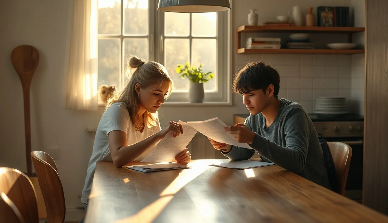 Two people reviewing divorce papers together at a kitchen table in Nevada