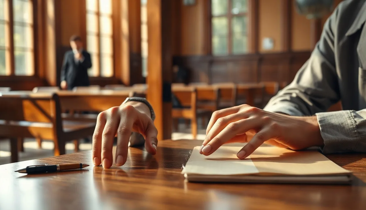 Two hands on a courthouse table near a folder, natural window light, divorce papers NJ filing