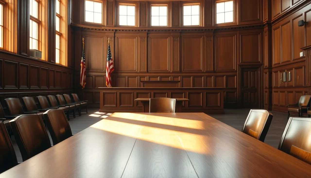 Empty courtroom table with afternoon sunlight in a New Mexico district court