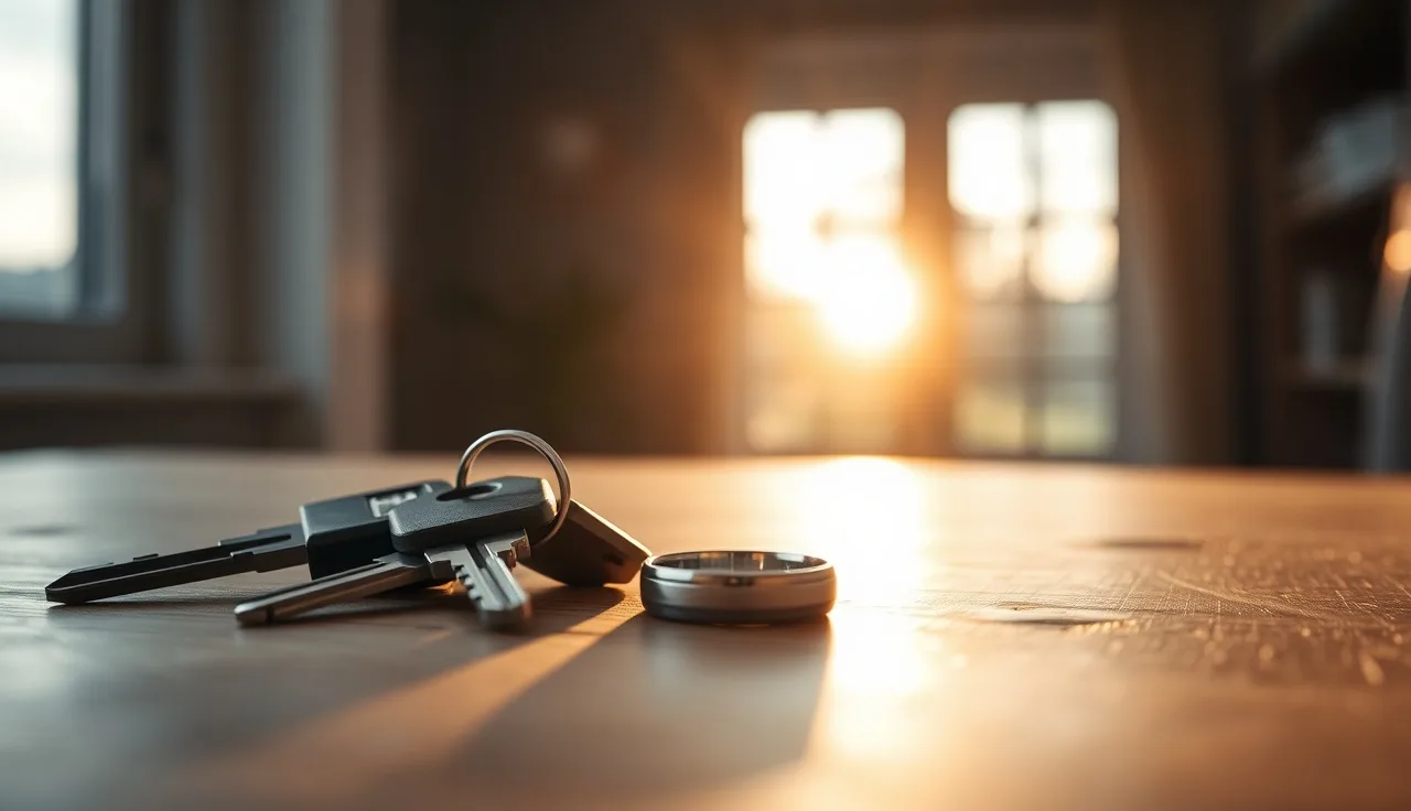 House keys and a wedding ring on a wooden table, representing Ohio divorce process