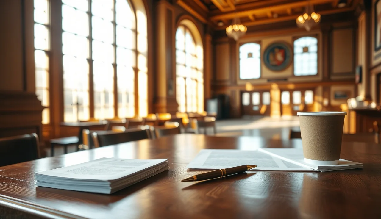 Sunlit courthouse lobby desk with pen and papers for filing divorce documents