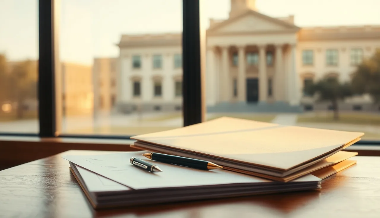 Divorce paperwork folders on a desk near a Texas courthouse window