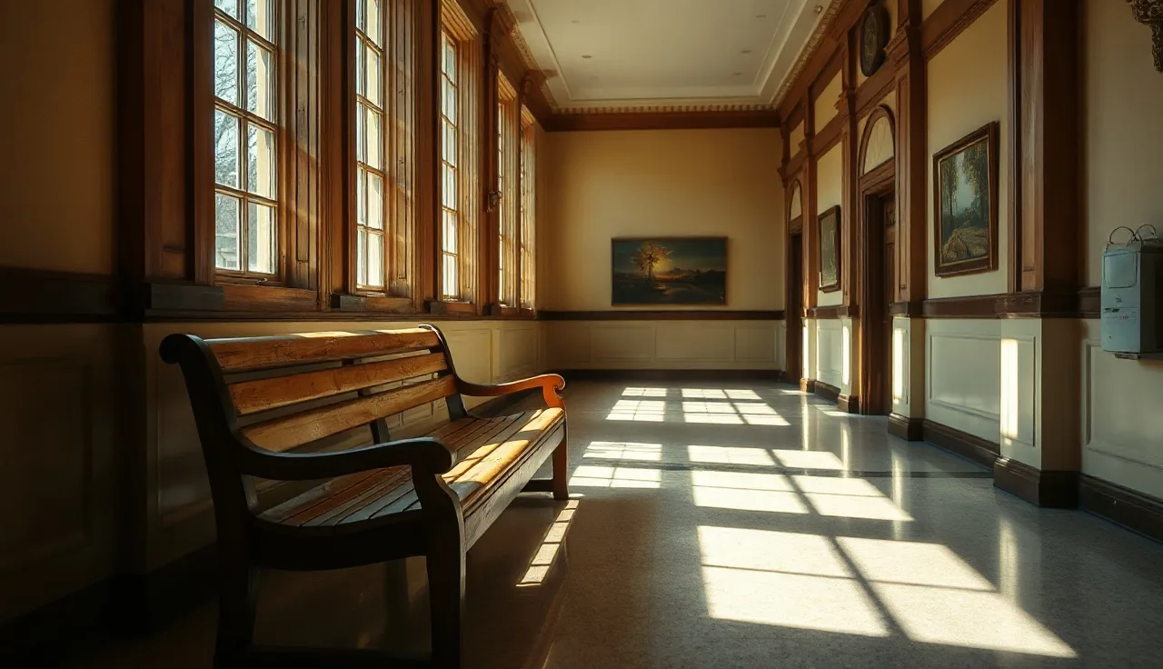 Empty courthouse hallway with wooden bench and morning light, Wisconsin divorce filing location