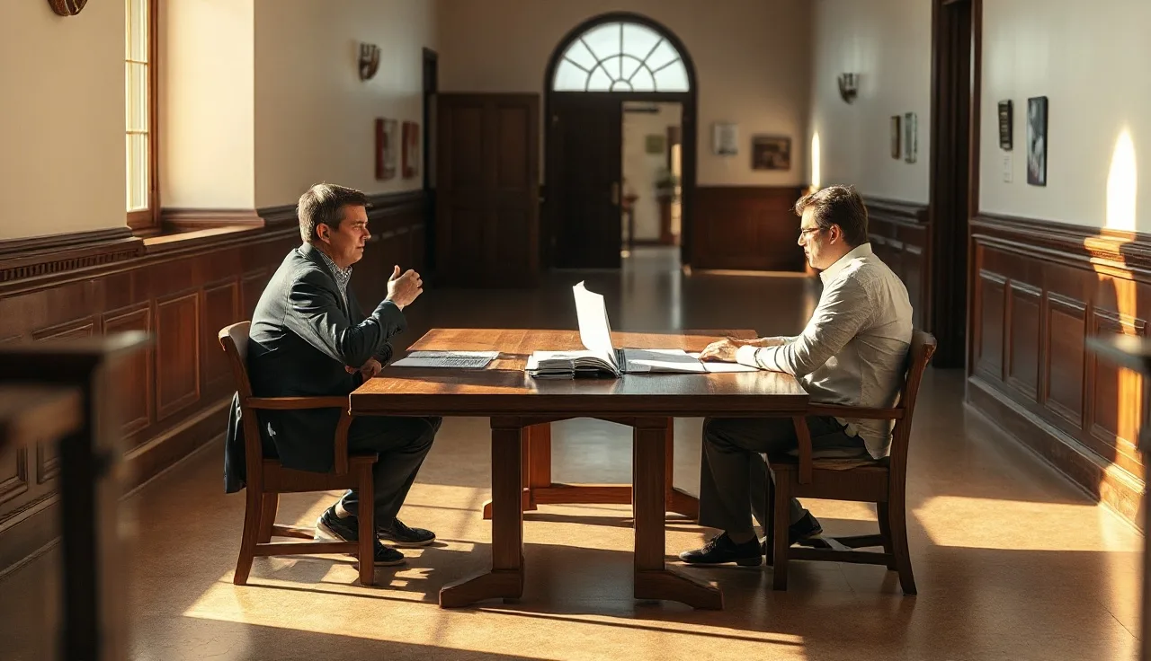 Two people reviewing divorce paperwork at a California courthouse table