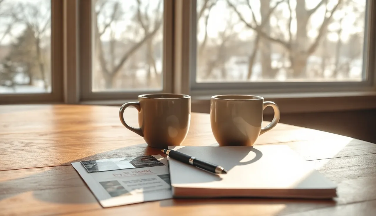 Morning coffee and notepad on a kitchen table, quiet Connecticut winter light