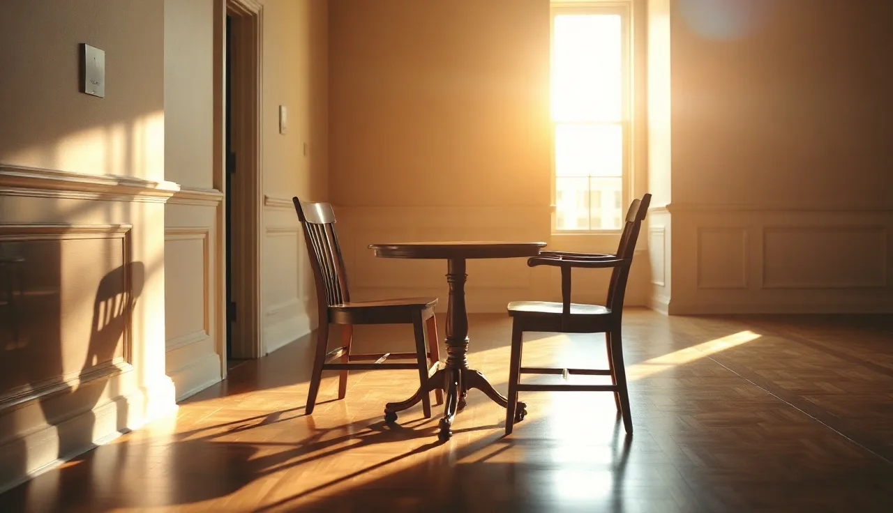Two empty chairs at a table in a sunlit courthouse hallway, symbolizing divorce process