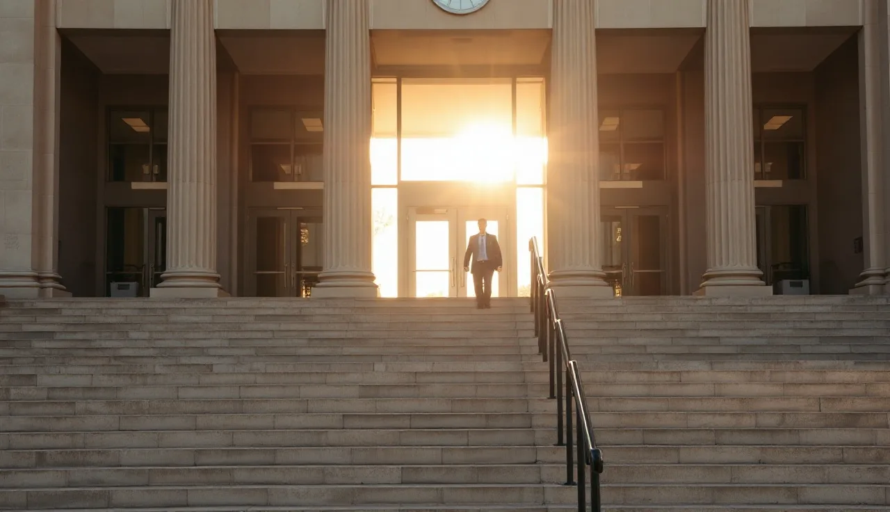 Person walking up stone courthouse steps in Georgia on a sunny morning