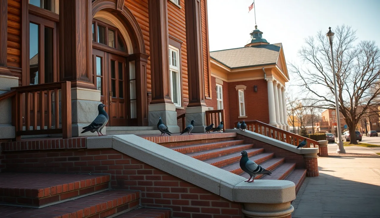 Kansas district courthouse exterior with stone steps in morning light, divorce filing setting