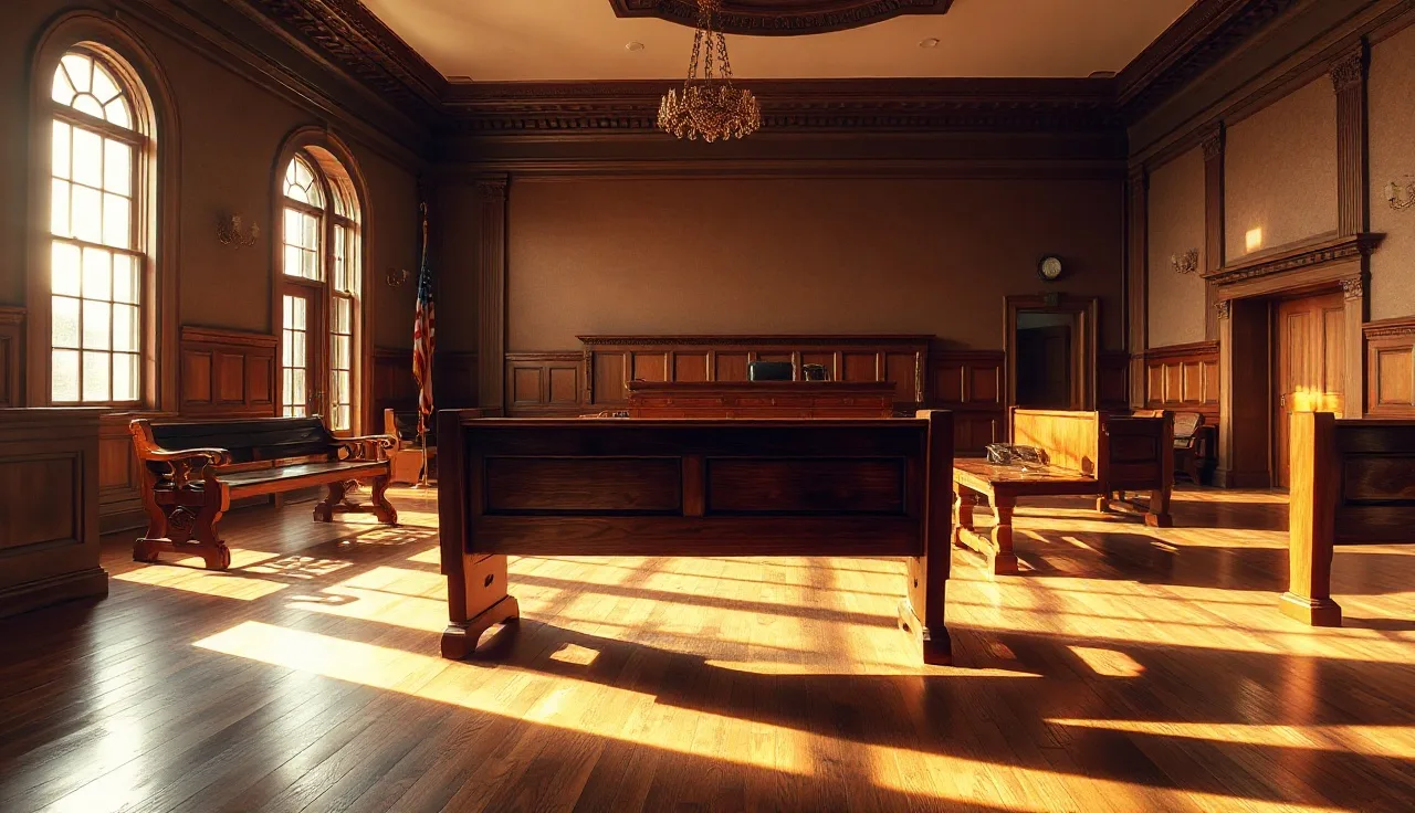 Empty Kentucky county courthouse courtroom bench in warm afternoon light