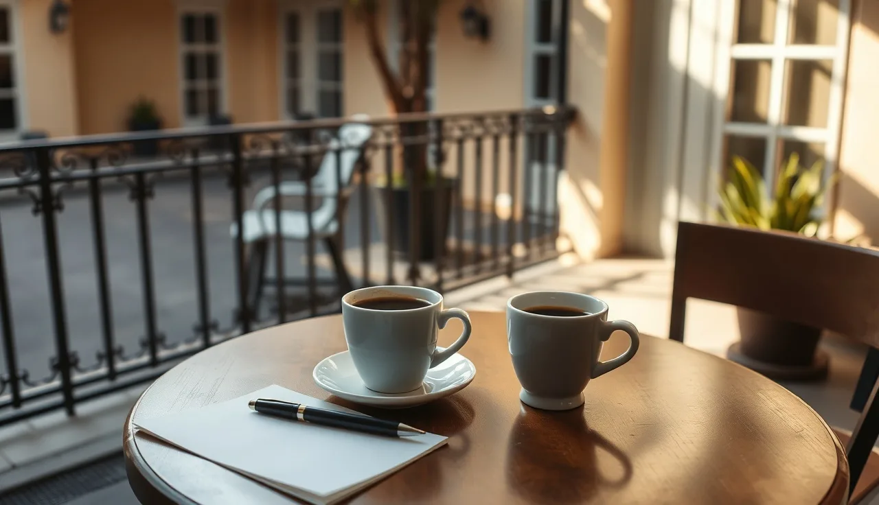 Sunlit courtyard table with two coffee cups and folded papers suggesting a Louisiana divorce process