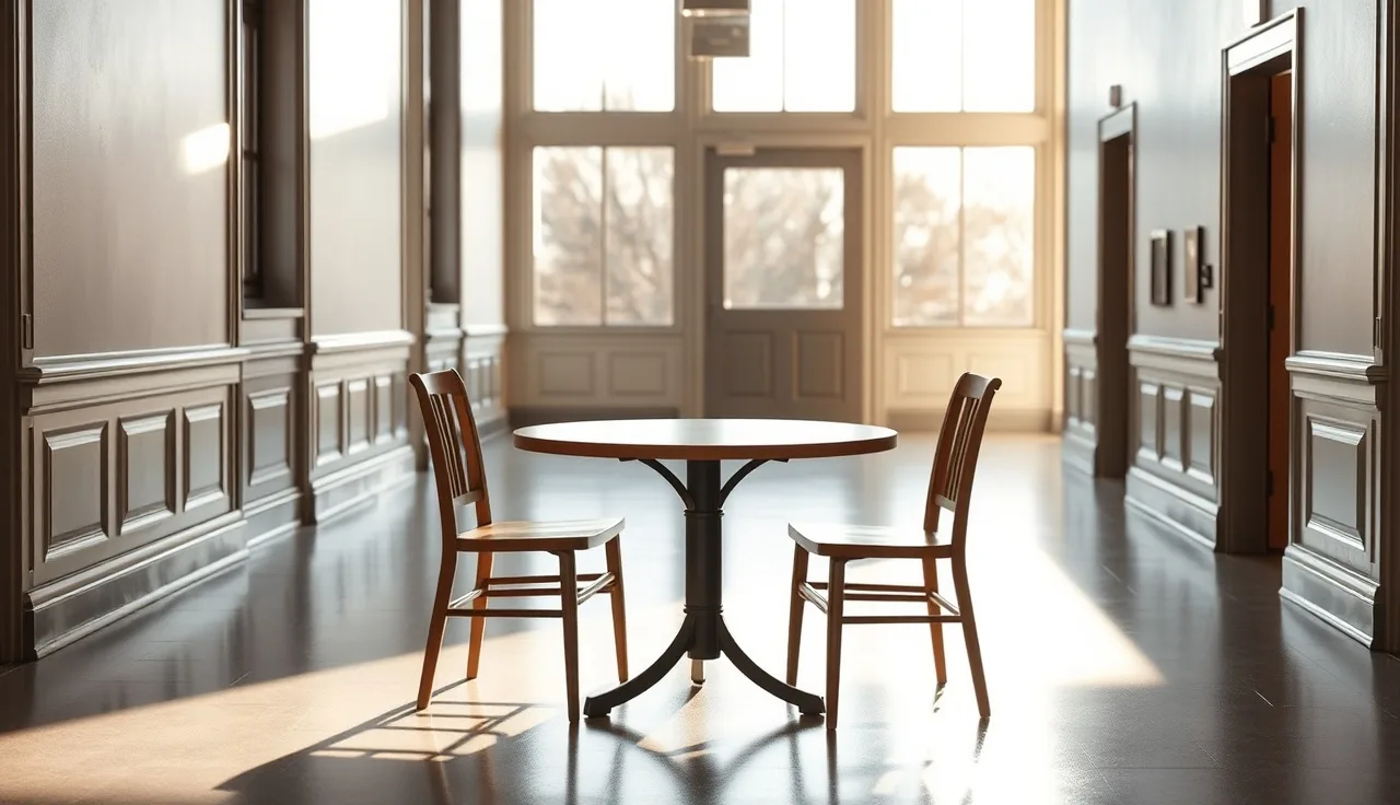 Empty chairs in a Maryland courthouse hallway during a divorce filing day
