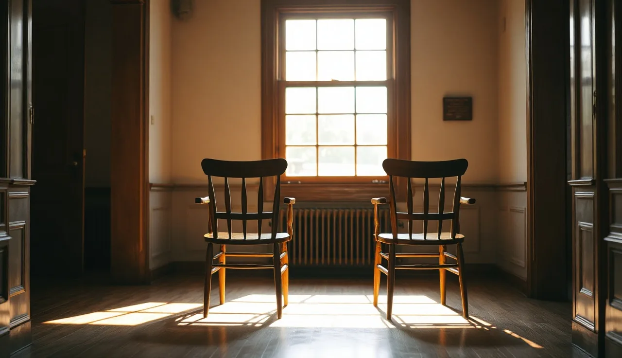 Empty chairs in a sunlit Minnesota courthouse hallway during a quiet afternoon