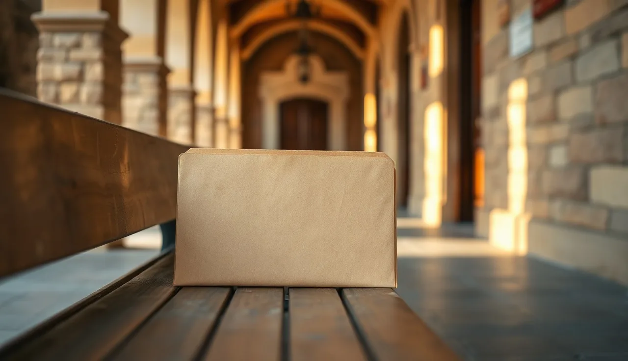Manila folder on a wooden courthouse bench, representing NC divorce filing papers